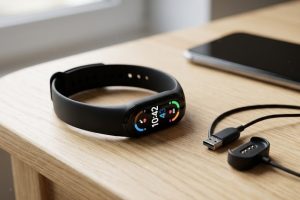 Фитнес-браслет с цветным экраном рядом с зарядным кабелем и смартфоном